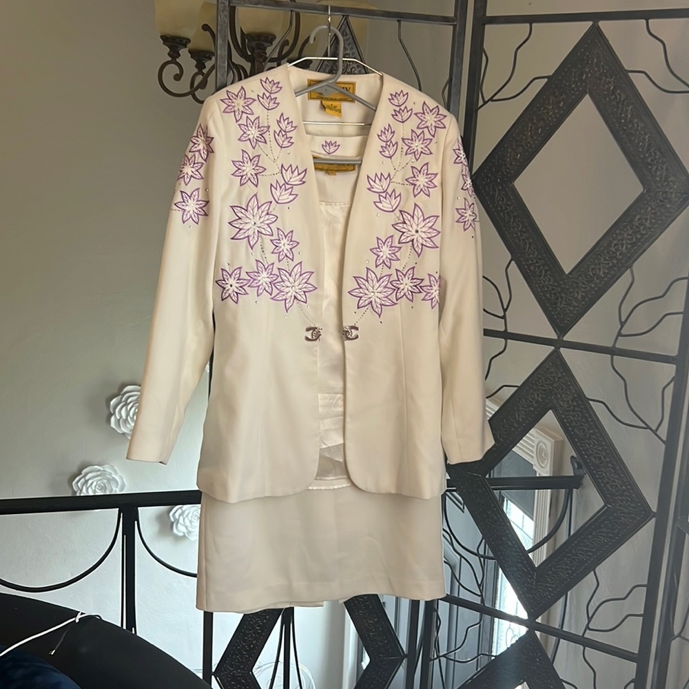 3 piece white skirt set with purple embroidered flowers. Size 10
